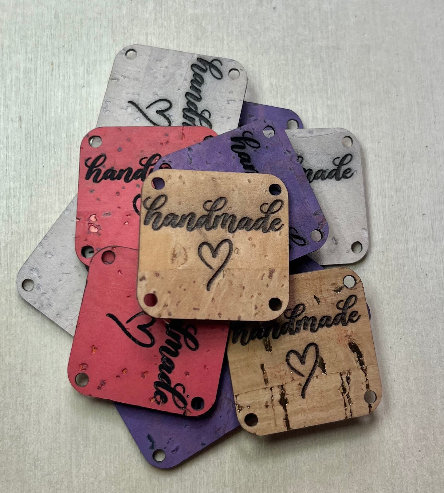 1"x1" rounded square with 4 side holes - "Handmade with Heart"